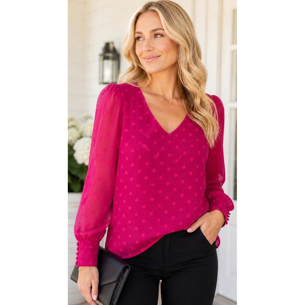 J.Crew Polka Dot Flocked V-Neck Blouse CF365 Womens Size Medium Berry Pink NEW